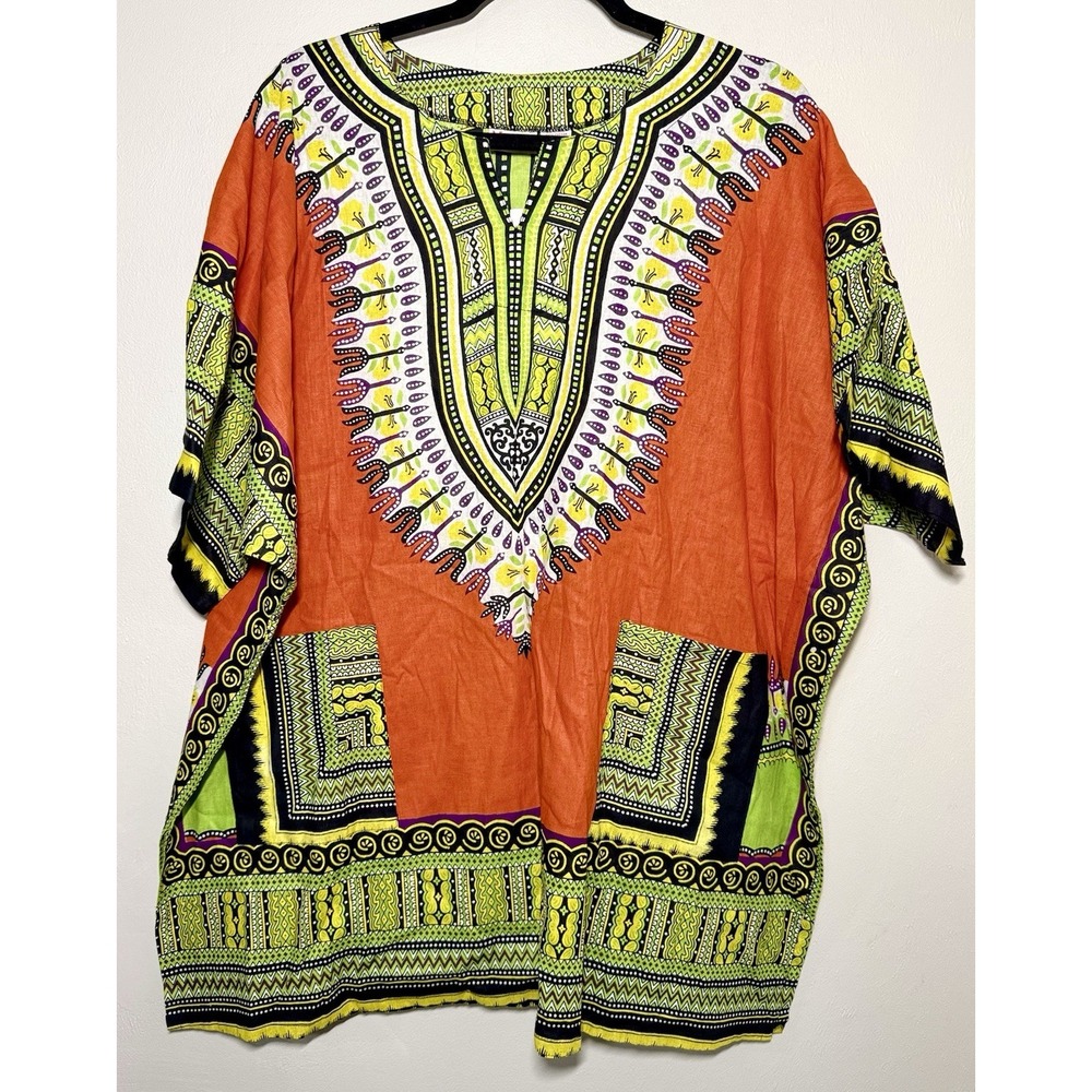 Marine African Dashiki Print Poncho Top Shirt Short Sleeve Orange One Size NWT